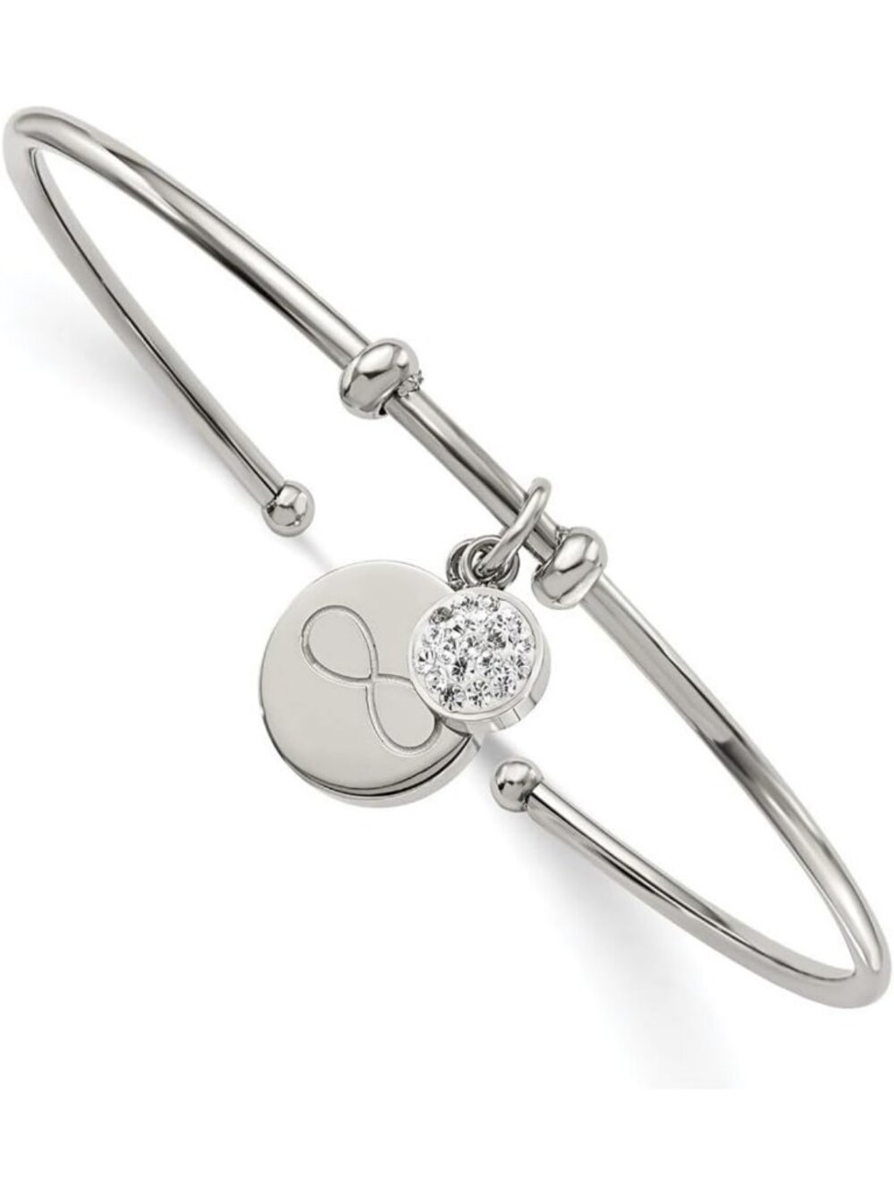 Stainless Steel Crystal Infinity Love Knot Dangle Bangle Bracelet - 2mm Width